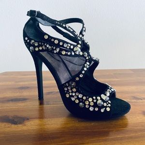 Size 9.5 Black Velvet Heels with Studs and Crystals
